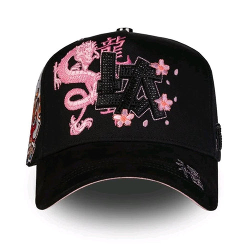 Gorro LA Dragon negro con dragón rosado